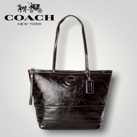 Coach Signature Black Stitched Patent Tote - Picture 1 of 11